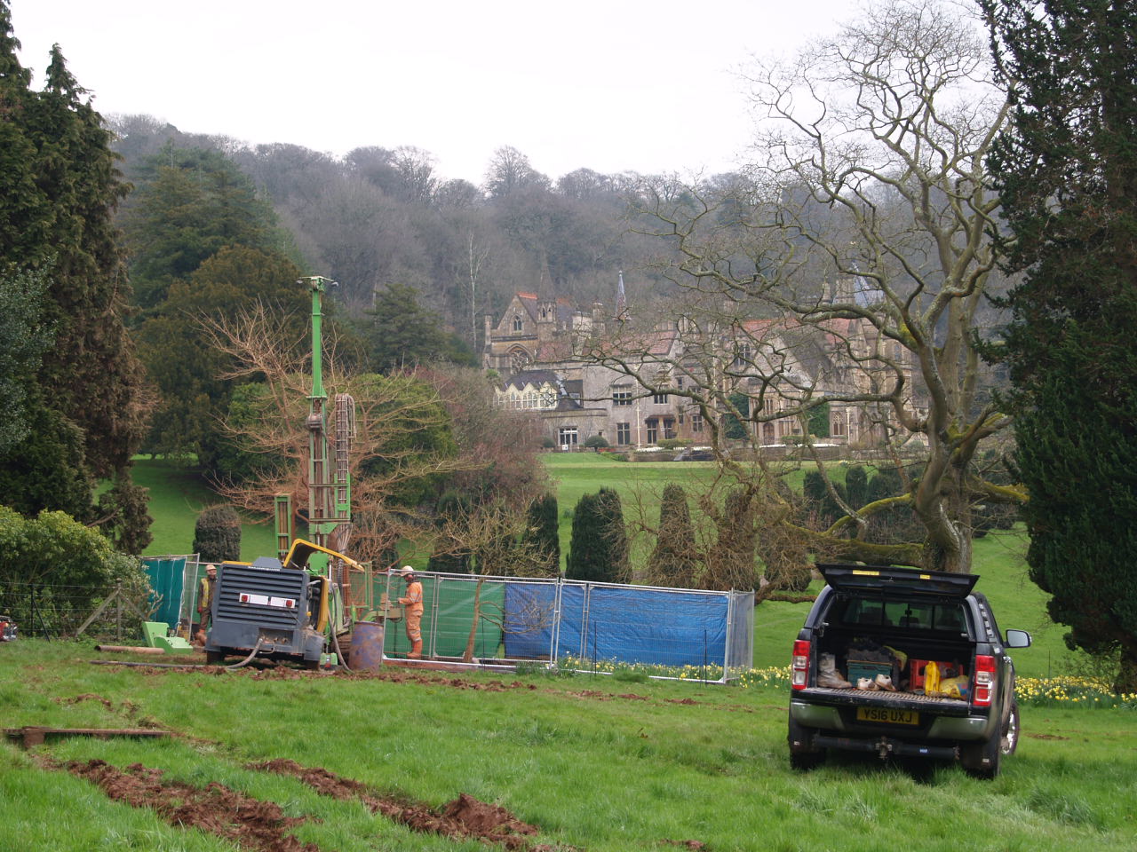 Tyntensfield House in the background as drilling under way to provide water for house, gardens and the boating lake.